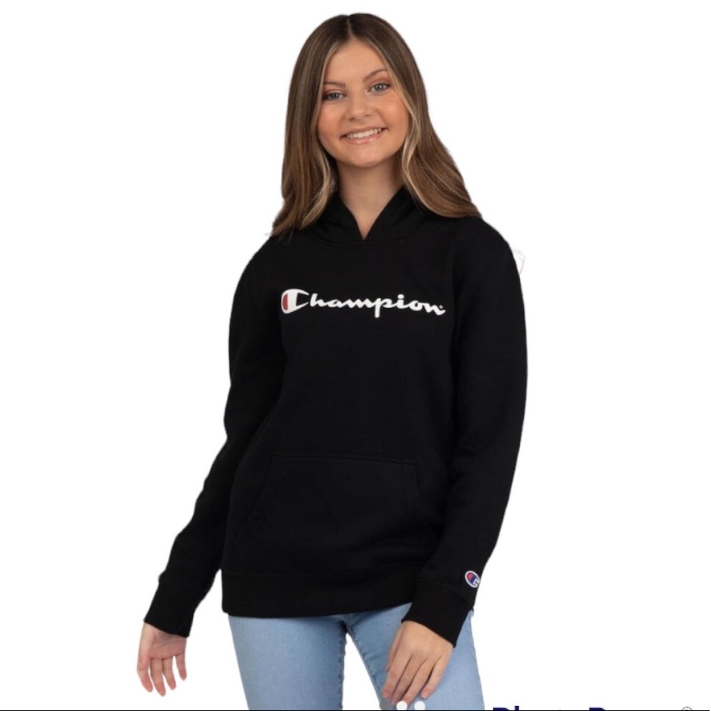 Champion Kids  Black Relaxed Logo Print Hoodie, Kids size:  Large